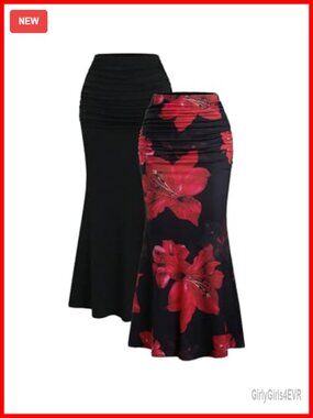 2 Pack Fishtail Skirt Ruched Bodycon Long Skirt Floral Print Women